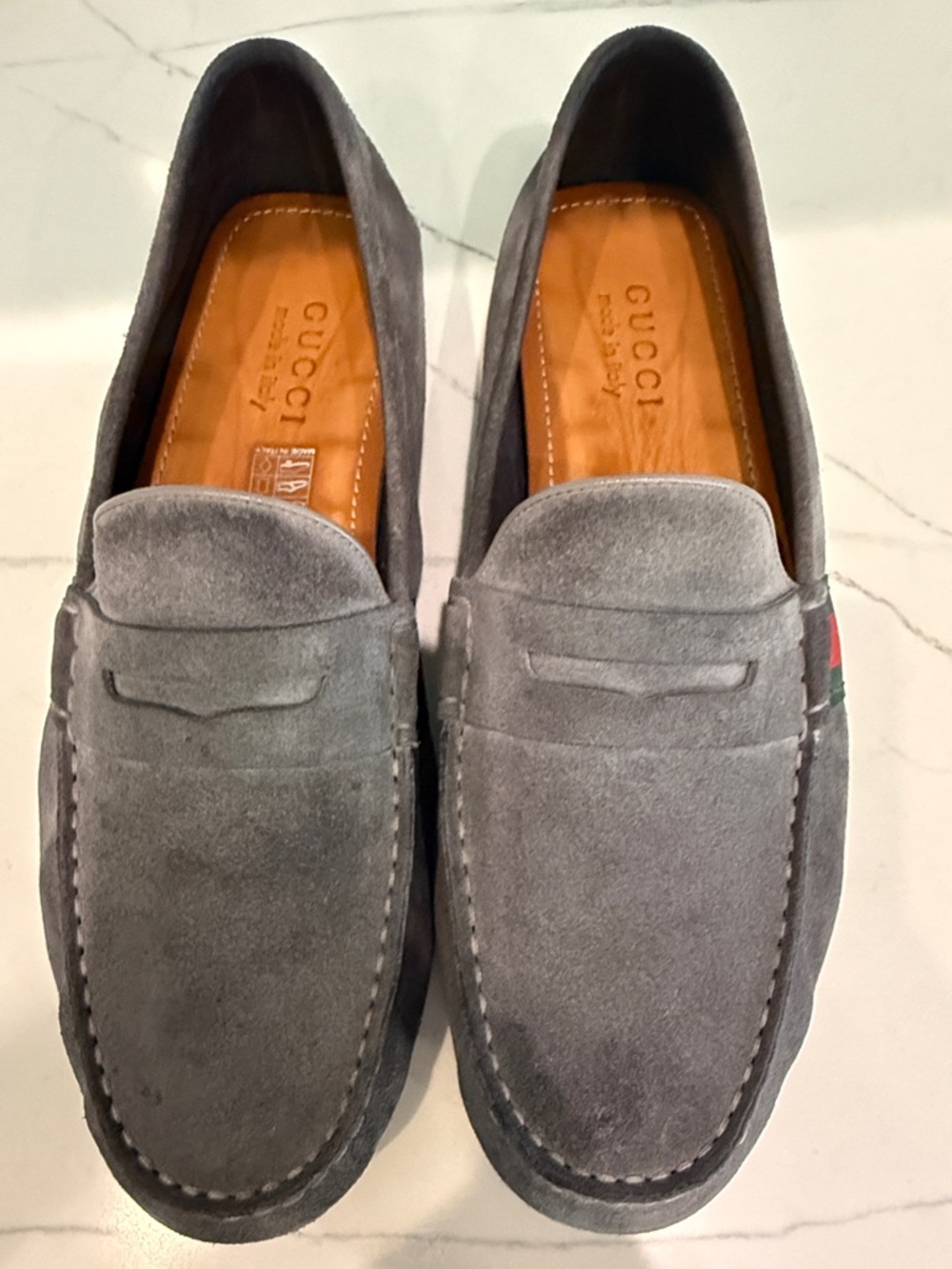 Gucci Gray Suede Loafers with Green-Red Web Detail - Picture 3 of 10